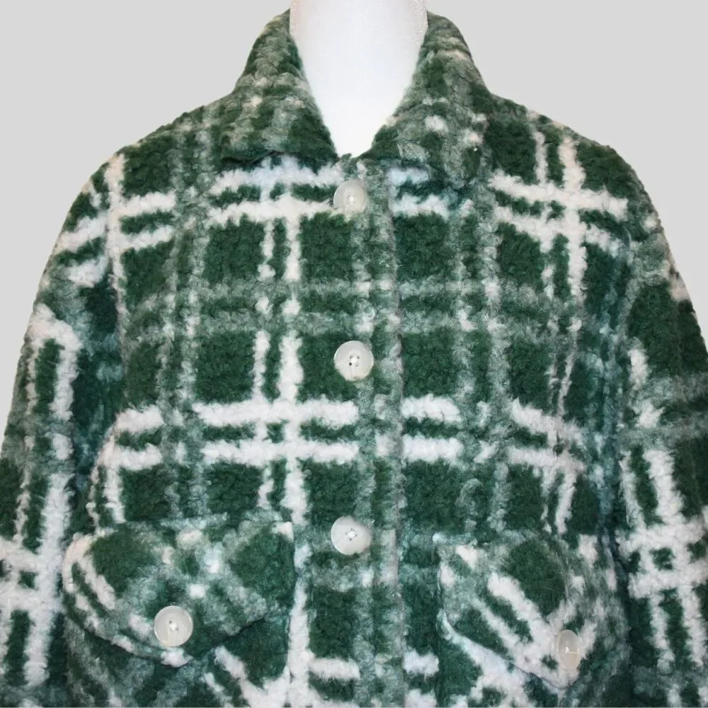 ZARA Women's Combination Plaid Fleece/ Teddy Oversized Jacket Green Size S